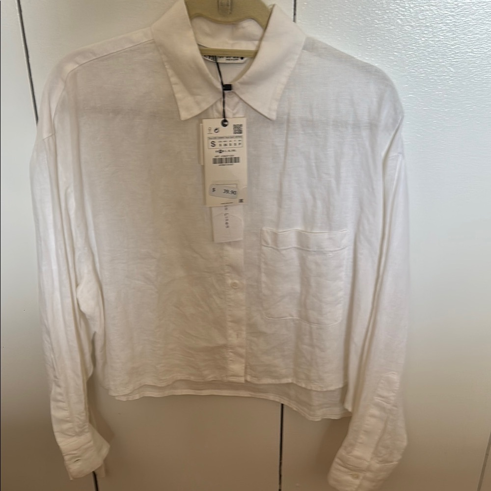Zara Linen Cropped White Button Down Shirt